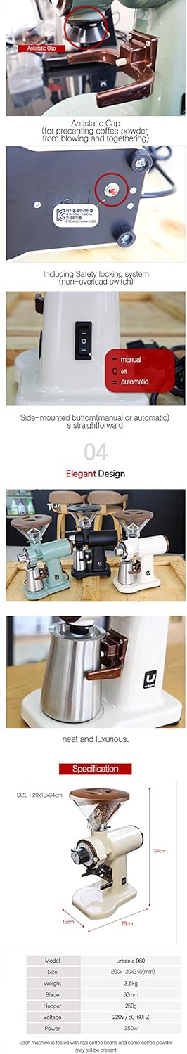 Urbanic 070s Electric Coffee Grinder (110~220v) / flat Titanium burr 60mm / 20 steps can be set (Beige) / (Made in Korea)