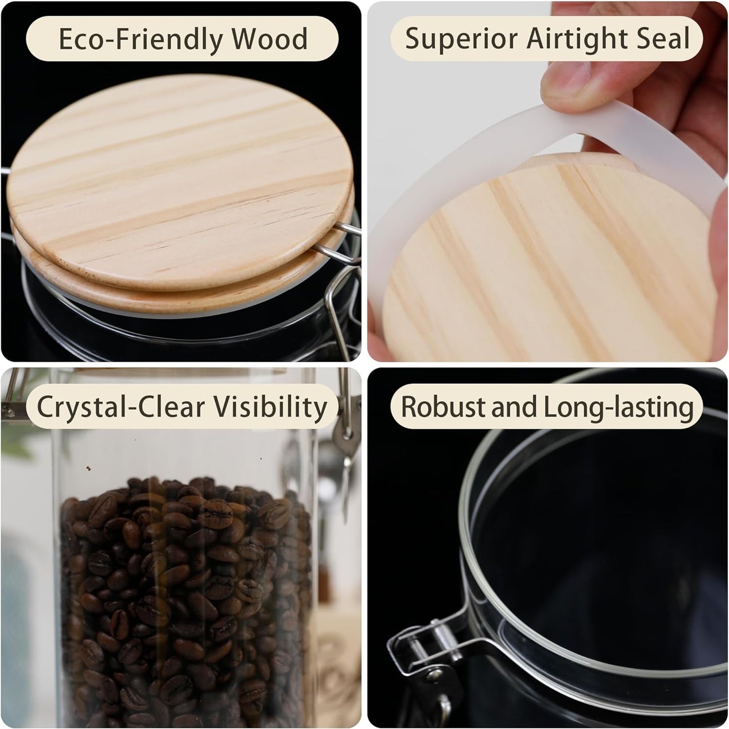 Glass Coffee Canister Set with Shelf & Spoons 3 Piece Coffee Containers for Ground Coffee Coffee Bean Storage Airtight Seal, Coffee Bar Coffee Filter Holder for Kitchen Organization