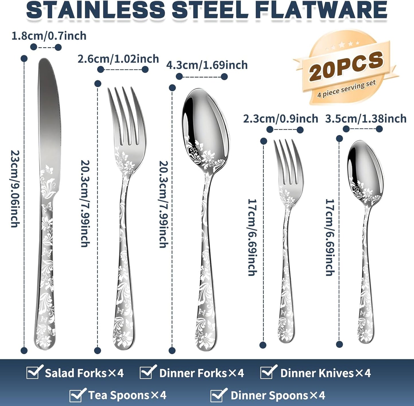 Silverware Set, 20 Piece Stainless Steel Flatware Set, Silverware Set for 4,Mirror Polished Cutlery Set, Tableware Set Includes Knife, Fork, Spoon