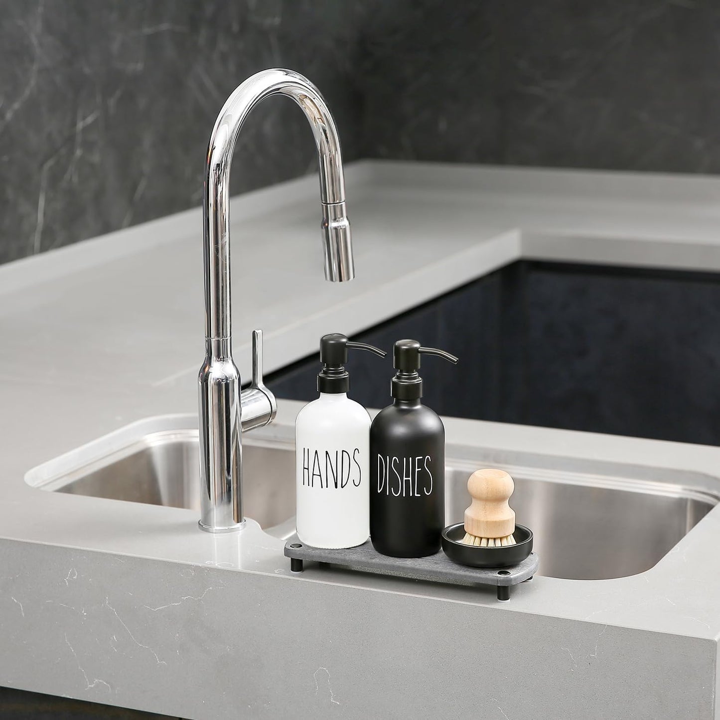 MOMEEMO Soap Dispenser for Kitchen Sink Comes with Stainless Pumps, Instant Dry Tray, and Dish Scrub Brush, Suitable for Black and White Kitchen Decor. (Black & White)