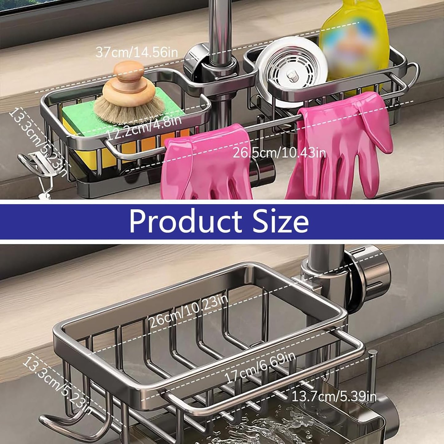 Kitchen Sink Faucet Organizer Multifunction Sponge Holder Organizer Sink Drain Holder Over Faucet Kitchen Sink Caddy with Hook Adjustable for 0.7-1.1inch Round Water Pipe (Silver, B)