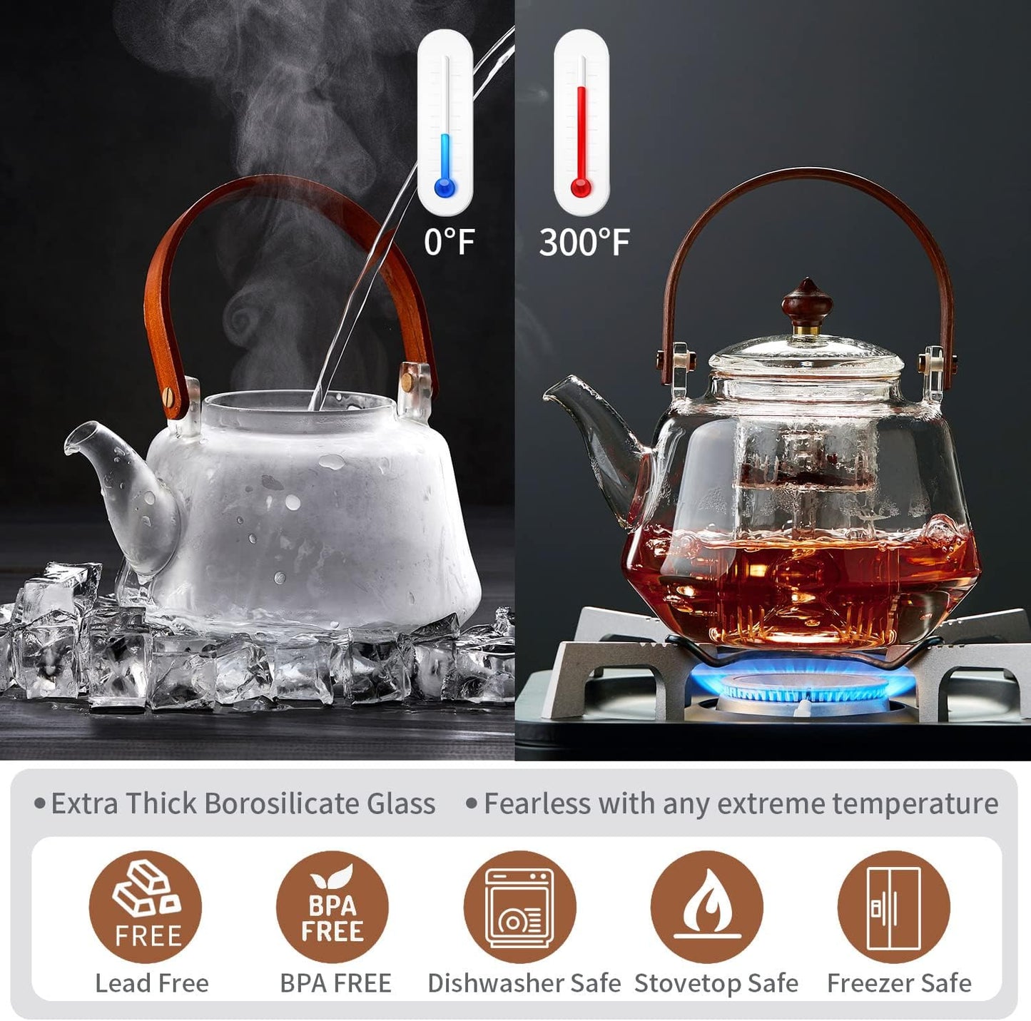 40oz Glass Teapot with Anti-Drip Spout, Peach Wood Handle and Lid, Heat-Resistant Borosilicate Glass, Dual Infusers for Steaming and Boiling