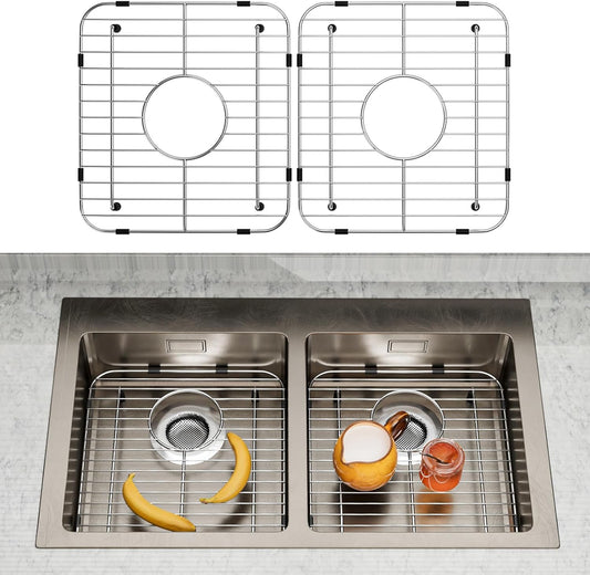 2Pack Sink Protectors for Kitchen Sink, 13’’x11-5/8’’ Stainless Steel Sink Protector with Center Drain, Rust Resistant Sink Grate for Bottom of Kitchen Sink with 2Pack Sink Drain Strainer