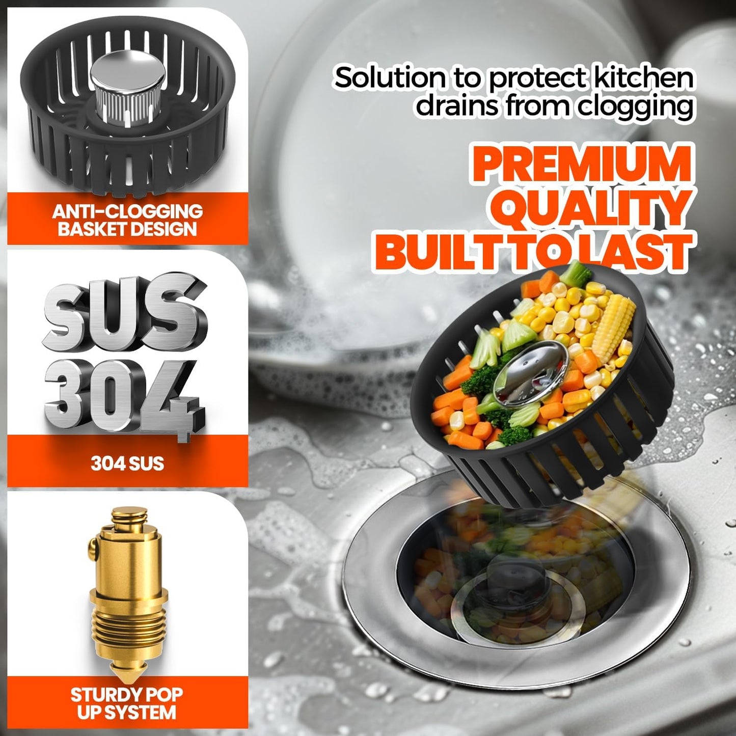 3 in 1 Kitchen Sink Drain Strainer & Sink Stopper Upgraded Stainless Steel Drain Plug with Anti-Clog Basket Drain Stopper Combo, Pop Up Sink Stopper for Standard 3-1/2''