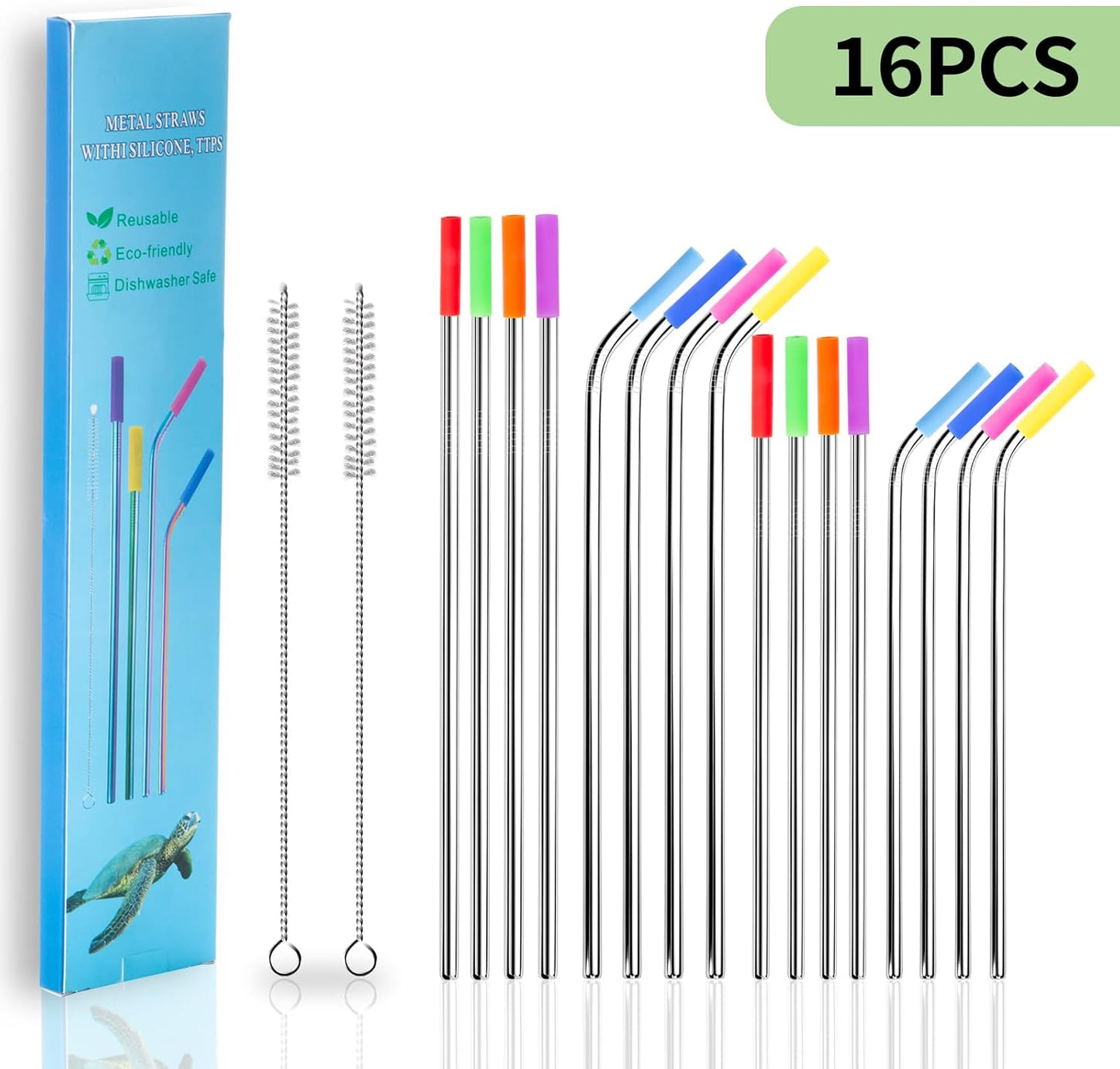 Lazycorner 16 Pcs Metal Straw Reusable 8.5" 10.5" 6mm Stainless Steel Straws for Kids,20oz-32oz, Silver Drinking Straws with Silicone Tips, 4 Straw Cleaner Brush, 1 Travel Case