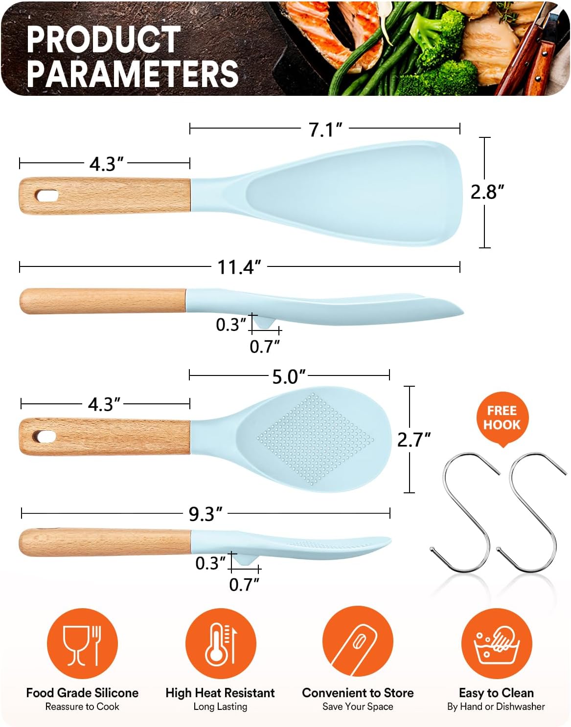 Cooking Spoon and Rice Scooper for Nonstick Cookwares, Great for Cooking and Serving Sturdy BPA-Free Matte Silicone, Wood Handle Spoon for Mixing, Scoop, and Scrape (BLUE)