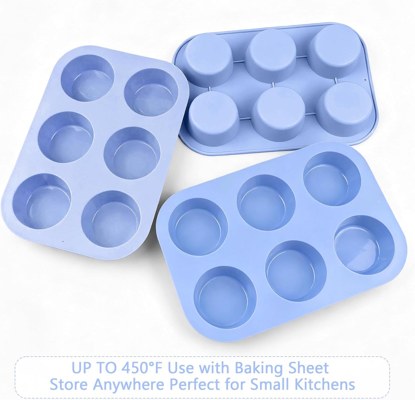 3-Pack 6-Cup Silicone Muffin Pans, Nonstick Cupcake Baking Molds, BPA/PFA-Free, Dishwasher & Oven Safe - Blue