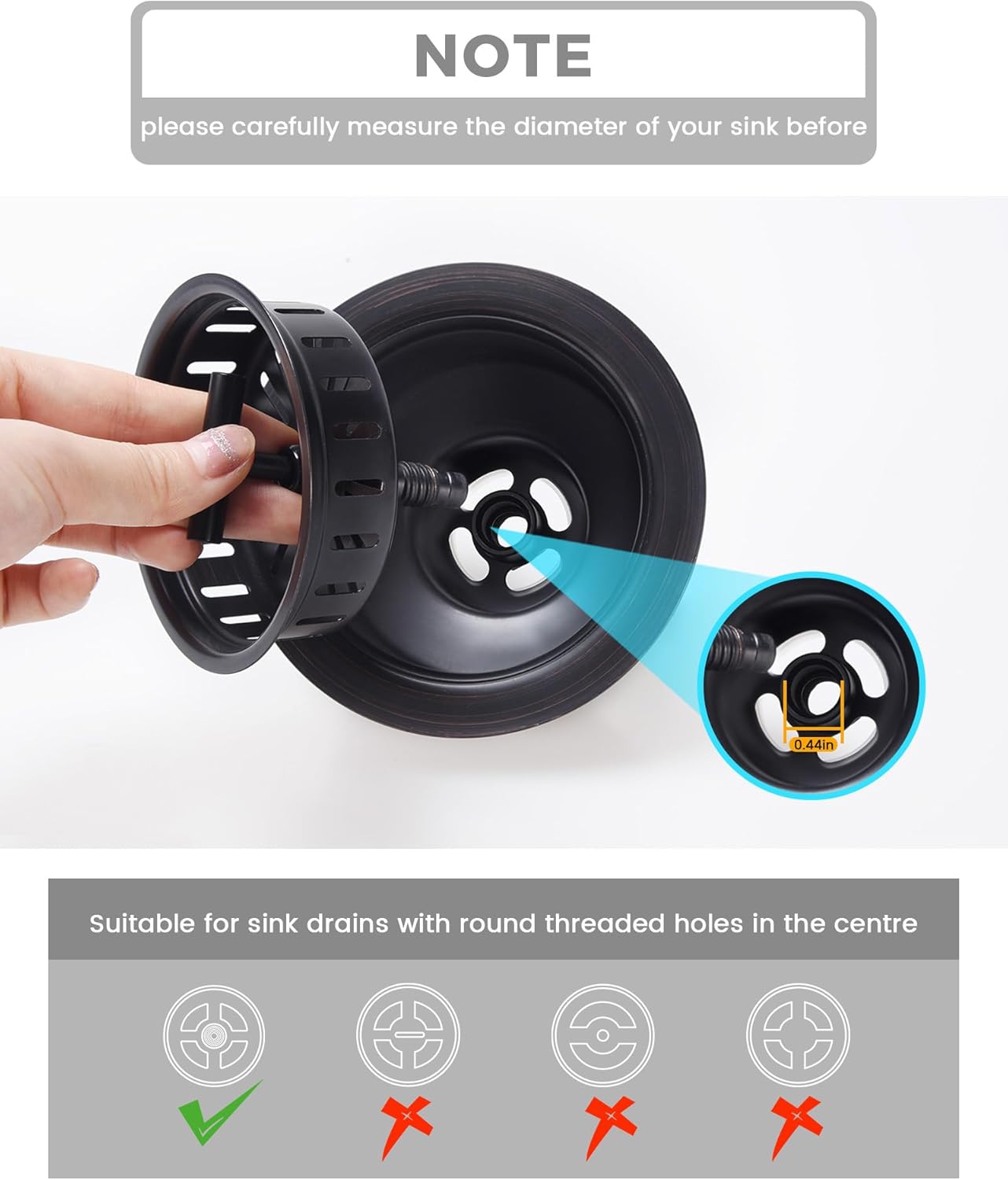 KONE Kitchen Sink Stopper Strainer Replacement for KONE 9171 Standard 3-1/2 Inch Spin and Seal Drains with Threaded Stopper Function, Stainless Steel Black Twist Lock Basket Strainer Replacement