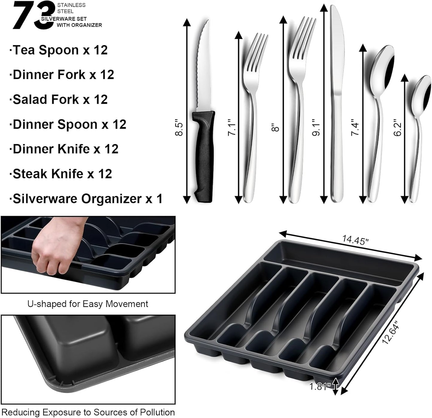 Pleafind 73-Piece Silverware Set with Organizer, Stainless Steel Silverware Sets for 12, Cutlery Utensil Sets with Steak Knives, Include Forks Spoons Knives ＆ Silverware Organizer, Dishwasher Safe