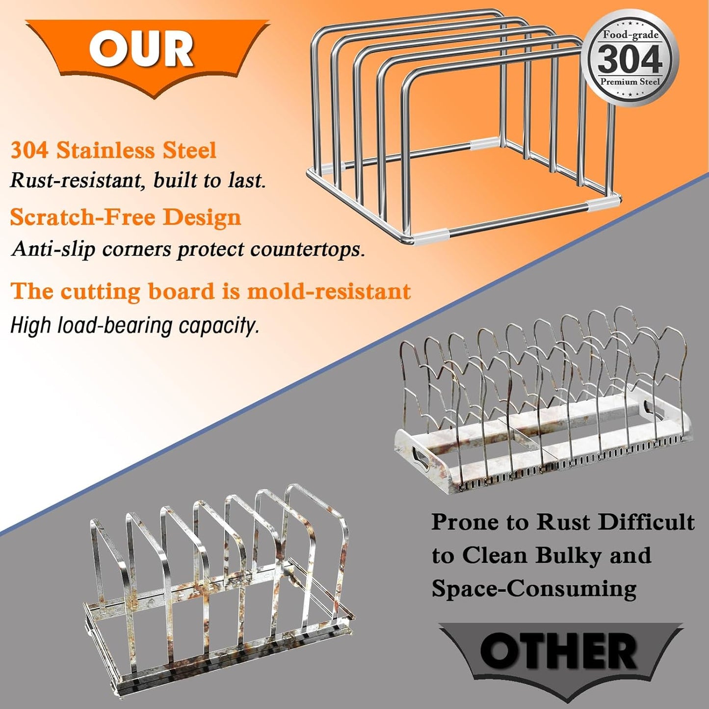 304 Stainless Steel Cutting Board Organizer Rack – Rustproof Compact 4-Slot Holder for Thin Cutting Boards and Plates – Premium Kitchen Storage Solution for Countertops and Cabinets