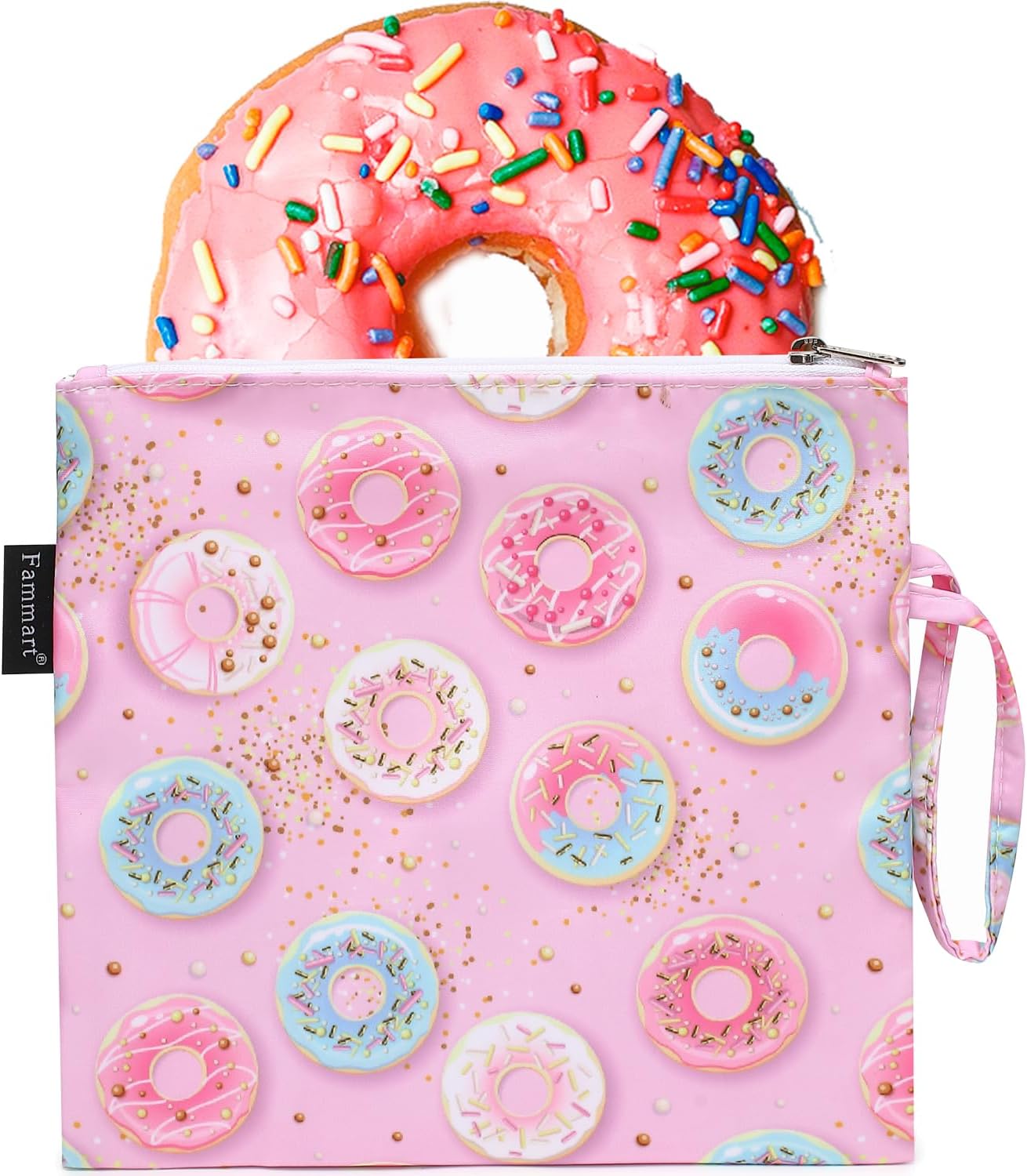 Reusable Sandwich Bag/Snack Bag for Kids & Adults, Dual Layer Lunch Bag with Handle, Washable, Food Safe, BPA Free (1-Pack, Colorful Donut)