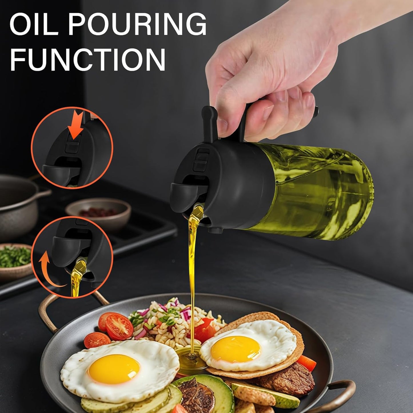Oil Sprayer for Cooking, Kitchen Goddess 2 in 1 Spray and Pour Olive Oil Dispenser 16oz 450ml Glass Oil Spray Bottle, Mist Olive Oil Dispensing, Air Fryer, Dark Green (black)