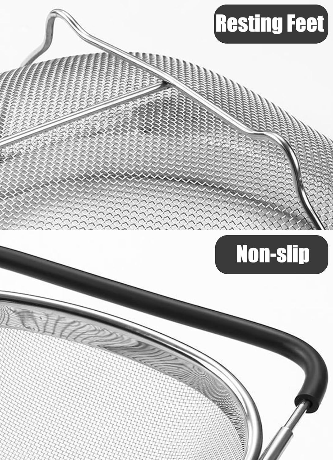 Fine Mesh Colander Over The Sink 6 Quart Stainless Steel Strainer Basket & Expandable Rubber Grip Handles - Strain, Drain, Rinse Fruits, Vegetables