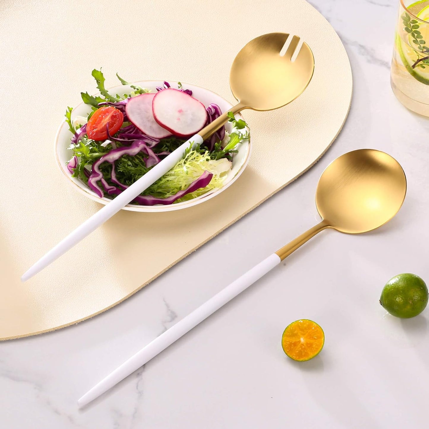 White Gold Salad Serving Utensils,Serving Spoons Stainless Steel,2Pcs Long Handle Salad Servers 11.42 Inch,Salad Utensils for Serving,Matte Finish,Dishwasher Safe
