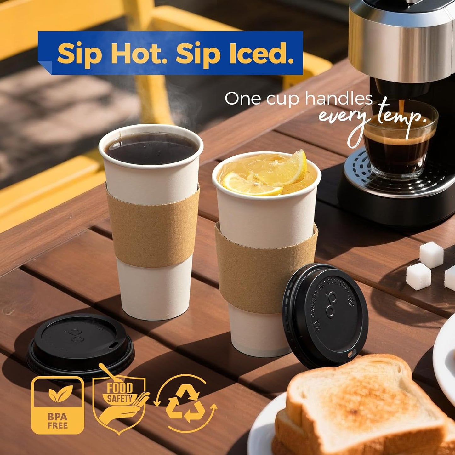 Fit Meal Prep 50 Pack 20 oz Disposable Coffee Cups with Lids, Sleeves, Leak-Proof To Go Coffee Cups with Lids, Durable Paper Cups for Hot Beverage, Home, Office, Party