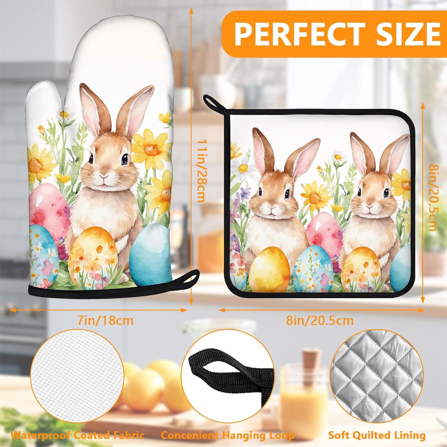 Easter Rabbits Oven Mitts and Pot Holders Sets 4Pcs,Extra Long Oven Gloves Potholder for Kitchen Cooking Baking BBQ 100% Cotton Heat Resistant