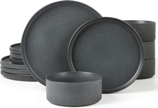 Famiware Star Dinnerware Sets, Plates and Bowls Set for 4, 12 Pieces Ribbed Dishes - Chip and Scratch Resistant, Microwave and Dishwasher Safe Tableware, Matte Dark Charcoal