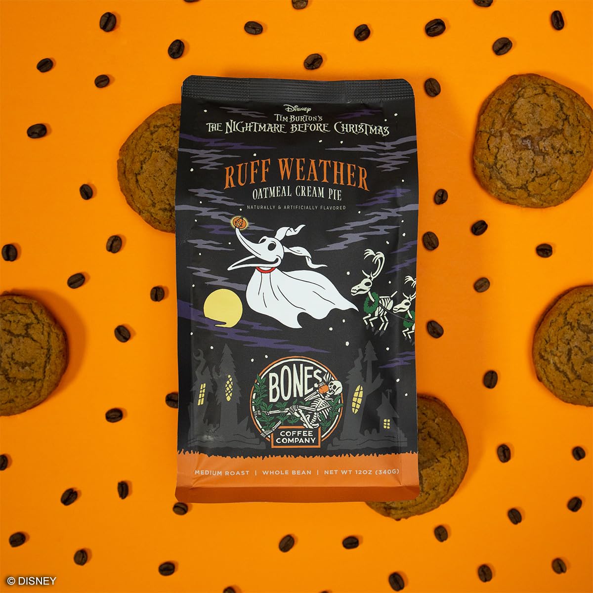 Bones Coffee Company The Nightmare Before Christmas Ruff Weather Flavored Coffee Beans, Whole Bean Coffee Medium Roast Low Acid, Oatmeal Creampie Flavor (12 oz)