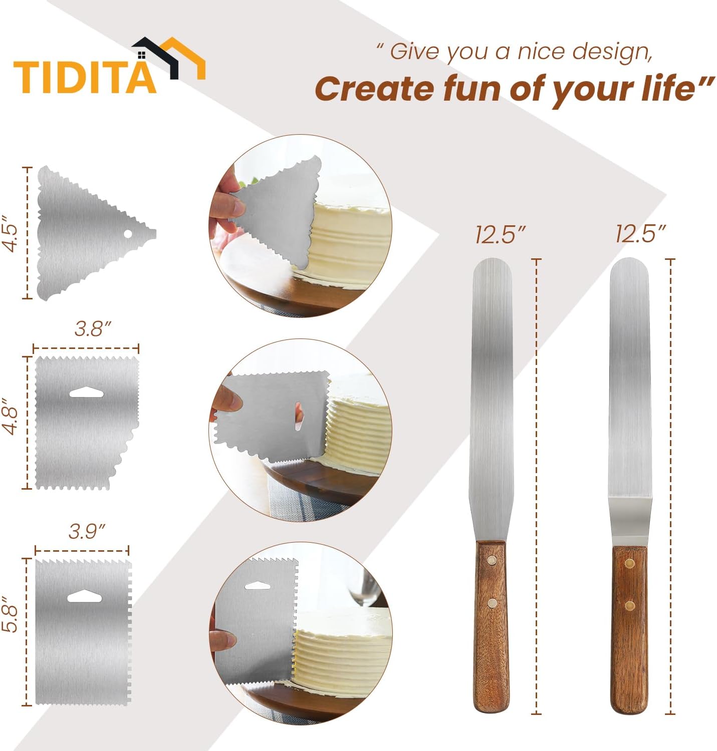 13" Acacia Cake Stand Rotating – Rustic Wood Pedestal Stands Turntable with 2 Icing Spatulas, 3 Smoothers – Wooden Spinning Cake Decorating Serving for Cupcake Dessert Display in Party, Wedding