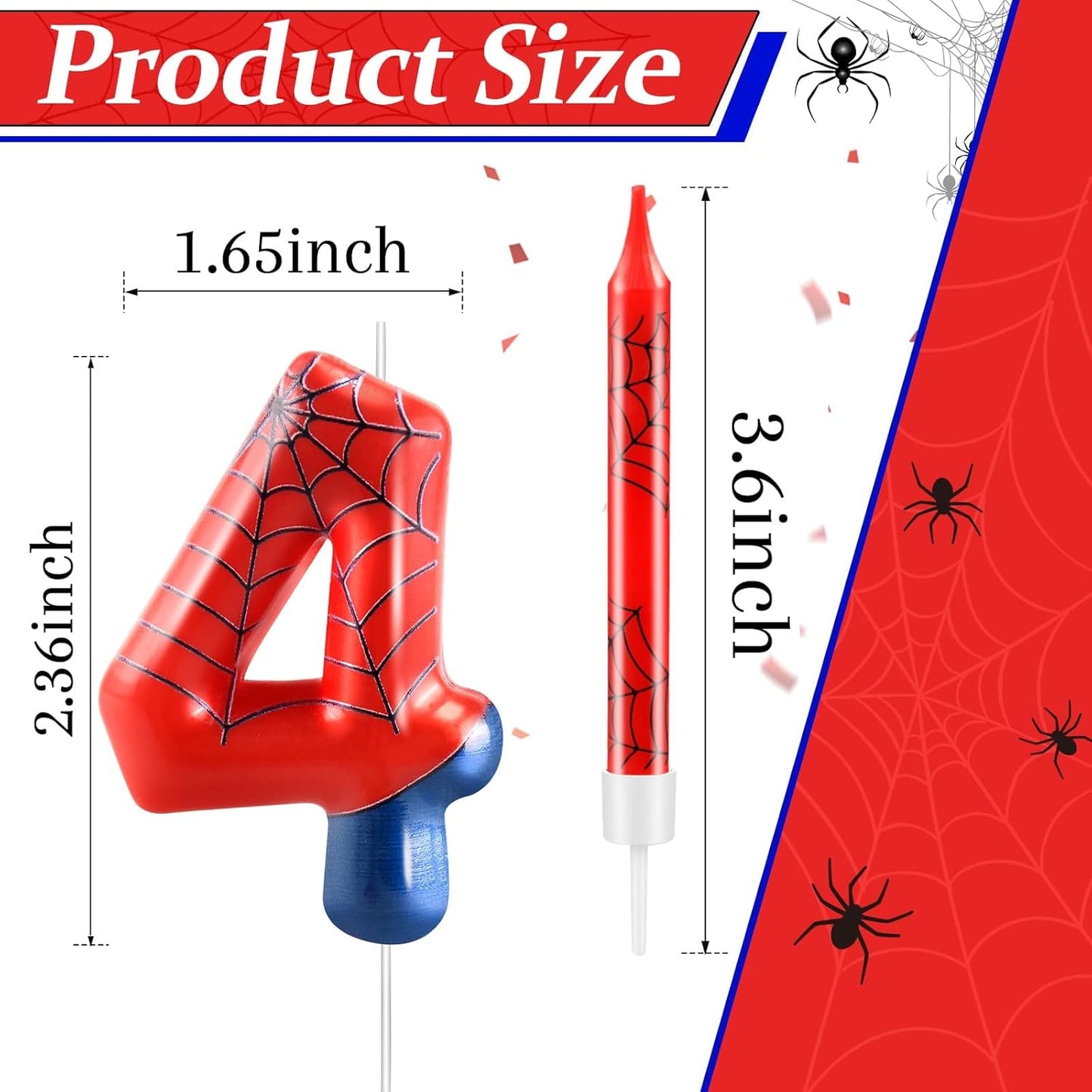 13 Pcs Spider Themed Birthday Candle Set Red Spider Theme Number 4 Candle Cake Topper for Boys Girls Birthday Decoration Spider Party Decoration Supplies (Number 4)