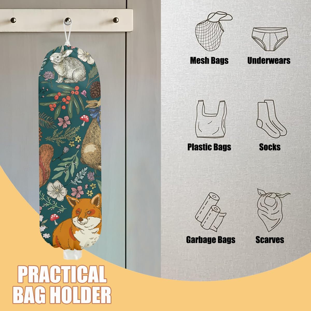 Forest Animals Plastic Bag Holder, Wall Mount Grocery Bag Holder, Plastic Storage bag, Pull Rope Free Adjustment, Plastic Bag Holders for Grocery Bags, Plastic Bag Dispenser for Home Kitchen Cabinet