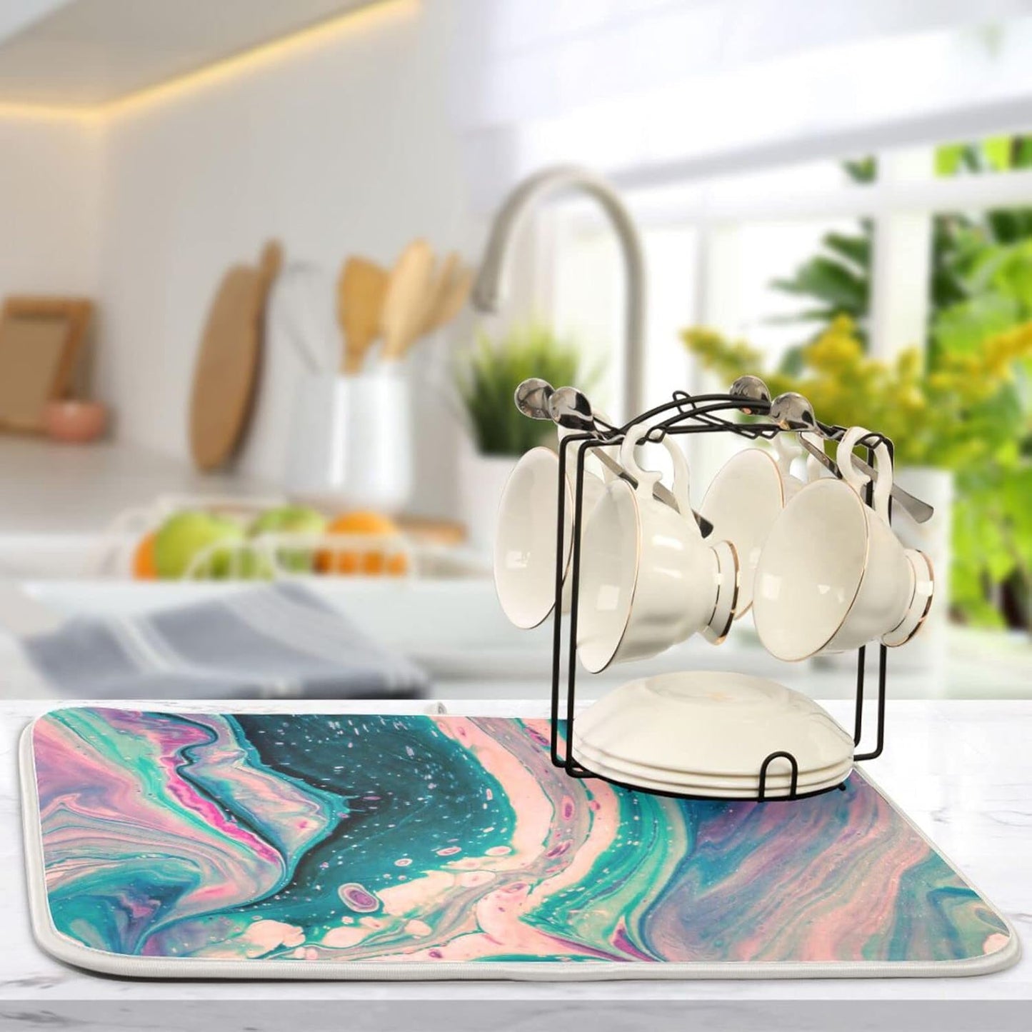 Super Absorbent Dish Drying Mat, Microfiber Fast-Drying Dish Mat, 24" x 18", Kitchen Dish Drying Pad, Marble Pink Green