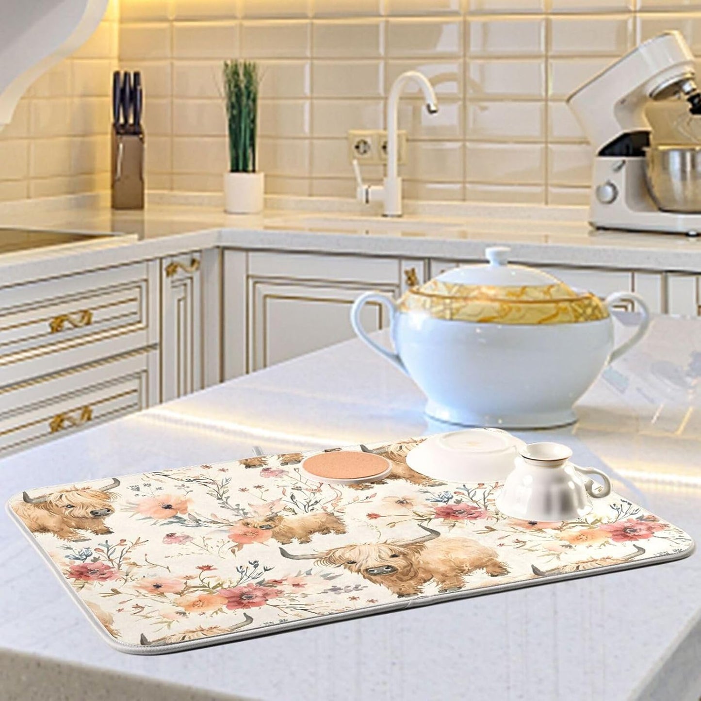 Cute Highland Cows Flowers Dish Drying Mat for Kitchen Counter Absorbent Microfiber Drying Pad, Medium 16x18 in, Reversible Drainer Mats