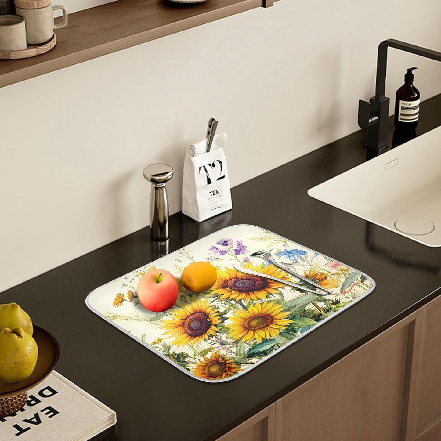 Blooming Sunflowers Dish Drying Mat for Kitchen Counter Absorbent Microfiber Small Drying Pad Dish mats for Kitchen Countertops 16 x 18 Inch