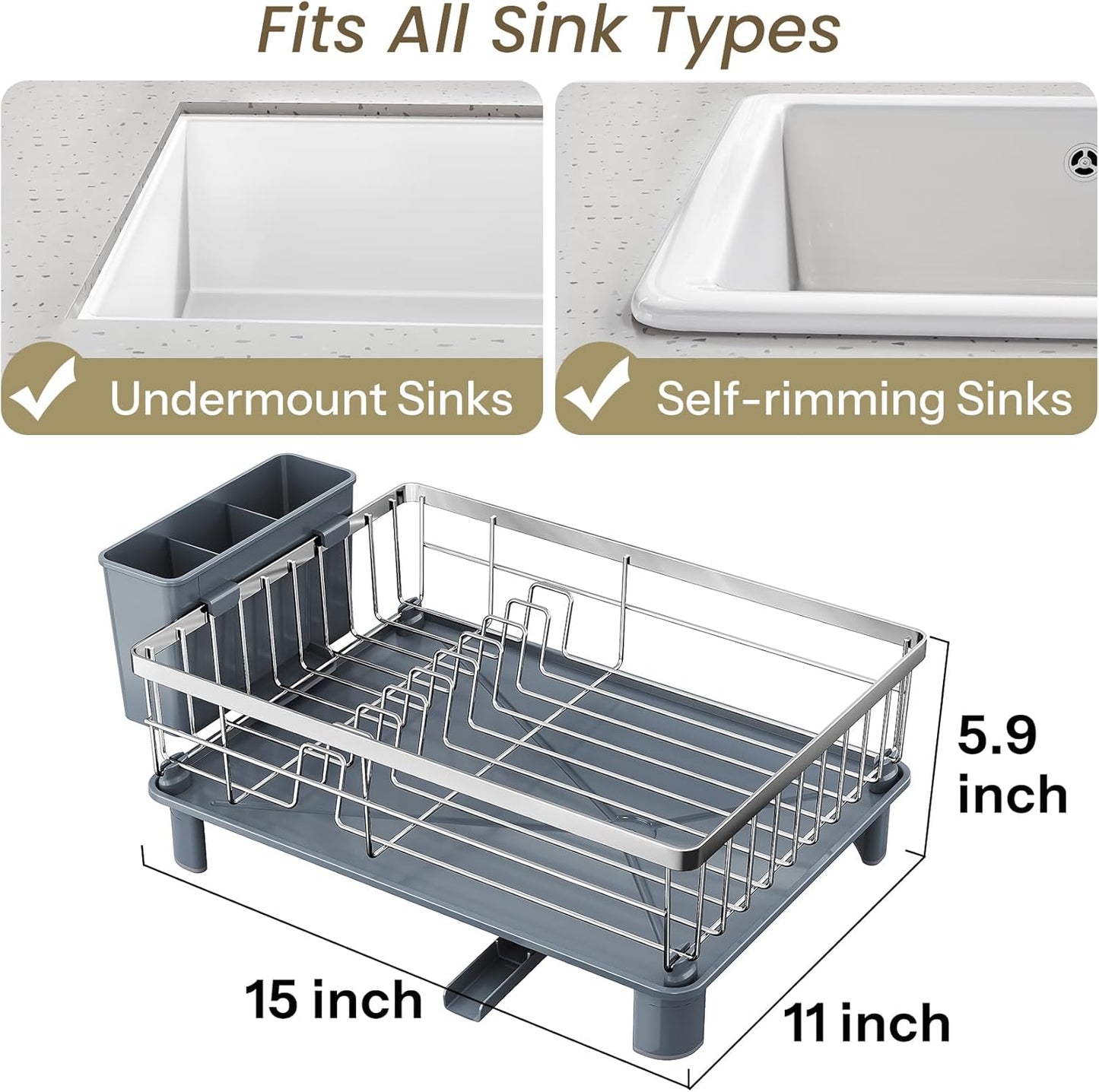 Dish Drying Rack - Small Dish Rack for Kitchen Counter, Stainless Steel Dish Drainer with Utensil Holder and Drainboard (Silver)