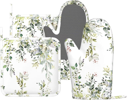 Sage Green Eucalyptus Oven Mitts and Pot Holders Sets Silicone Watercolor Butterfly Leaves Kitchen Mitts Potholders Heat Resistant 4Pcs Oven Gloves Hot Pads for Kitchen Baking Cooking