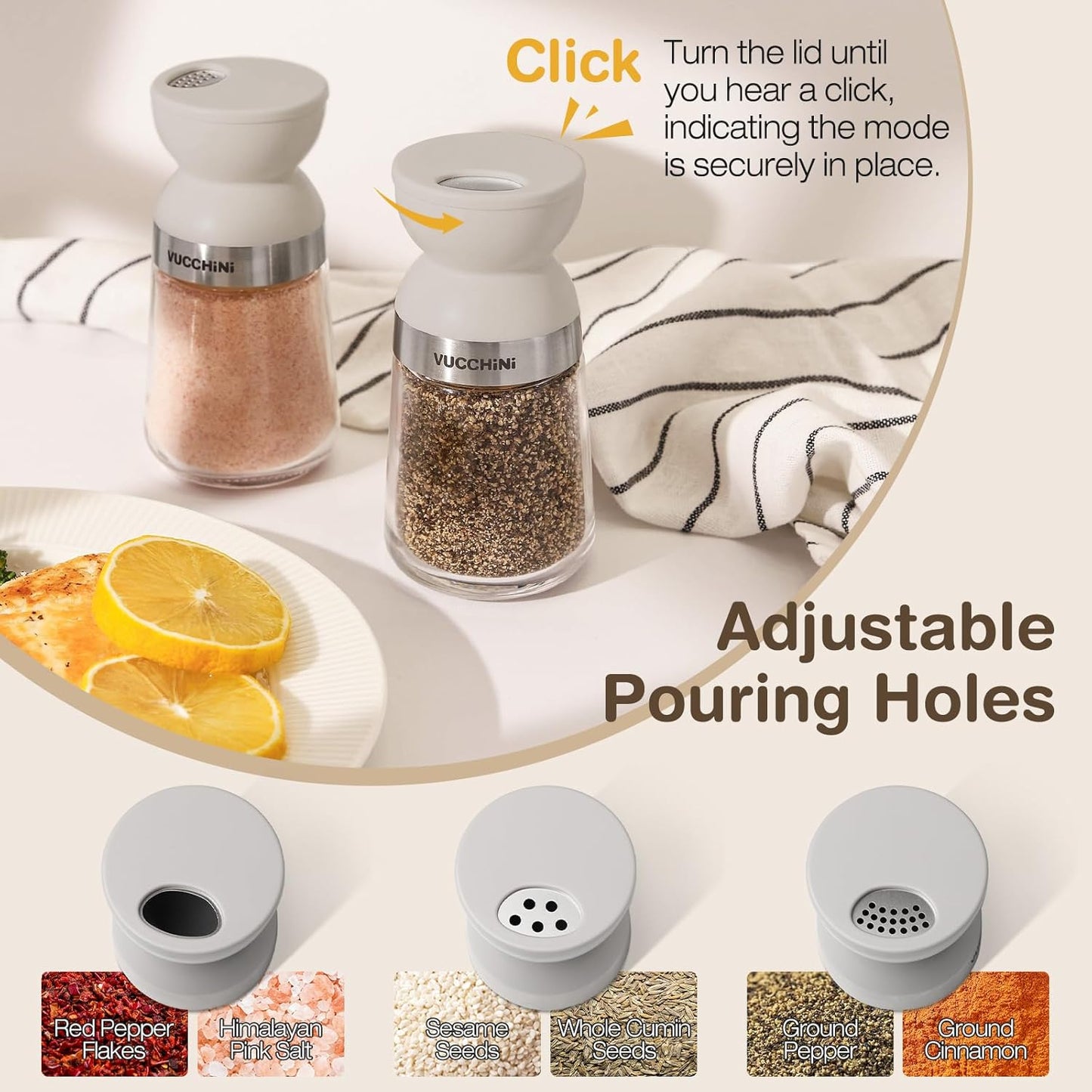 VUCCHINI Salt and Pepper Shaker Set with Lid 3 level Adjustable Pour Holes Seasoning Spice shaker Jar Glass Bottle, Large Salt and Pepper Dispenser Moisture-proof for Kitchen, Cooking (5 oz, Grey)