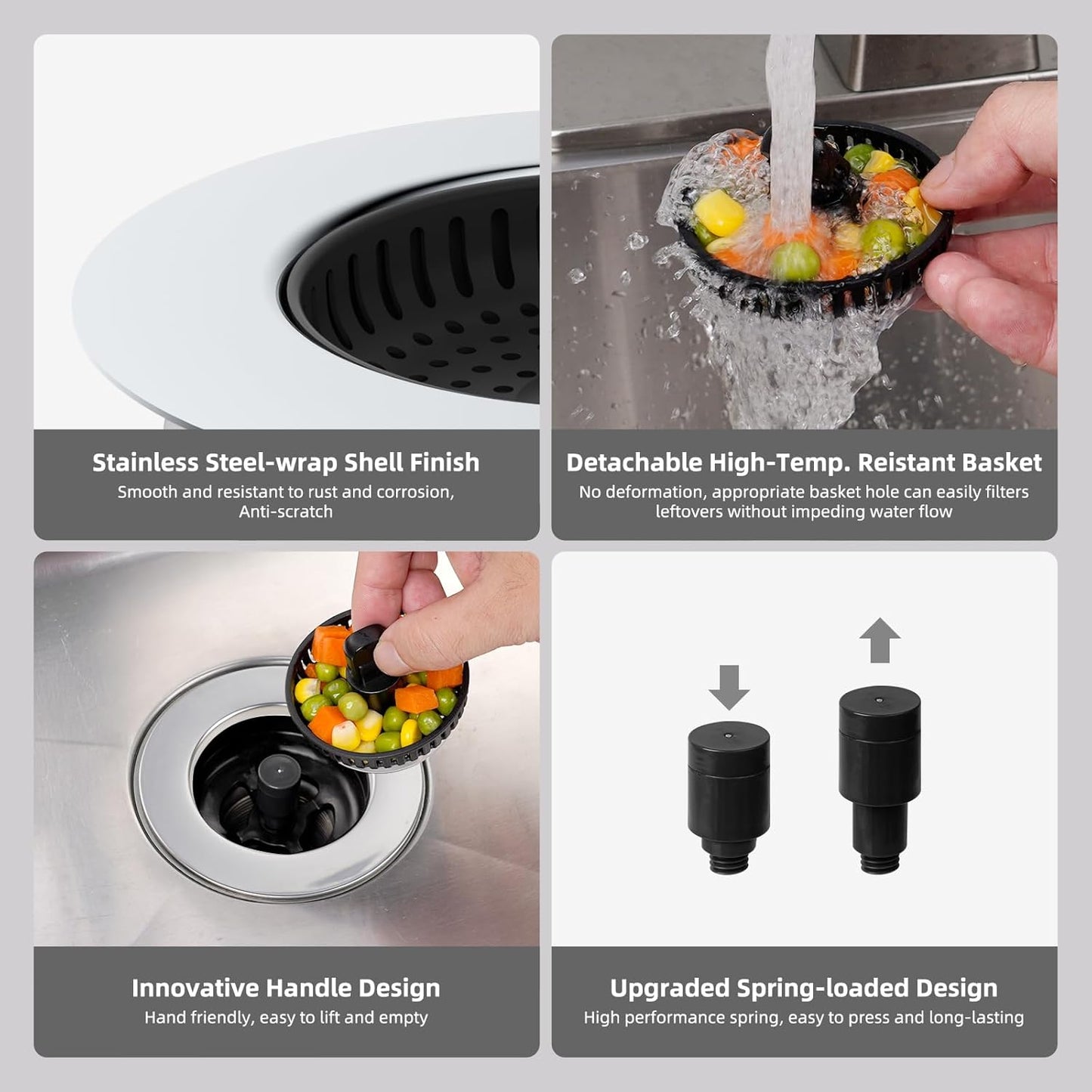 Hibbent 2 Pack Universal 3 in 1 Kitchen Sink Drain Strainer with Sink Stopper, Chrome Stainless Steel Wraped Shell, Anti-Clogging Basket Strainer with Handle, Fit for US Standard 3-1/2" Drain, Black