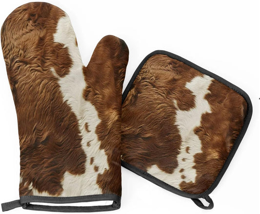 Cow Print Vintage Brown Oven Mitts and Pot Holders Sets, 2 Pcs Cow Decorative Kitchen Oven Glove for Cooking