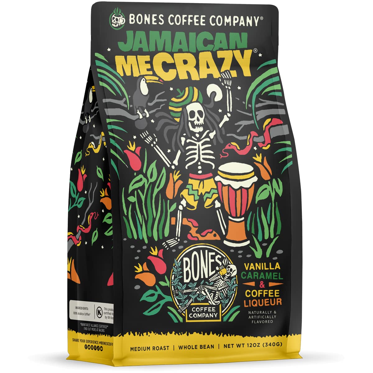 Bones Coffee Company Jamaican Me Crazy, Vanilla Caramel Flavored Coffee, Medium Roast Low Acid Arabica Beans Compatible with Auto drip and French Press Coffee Maker, 12 Oz Whole Bean