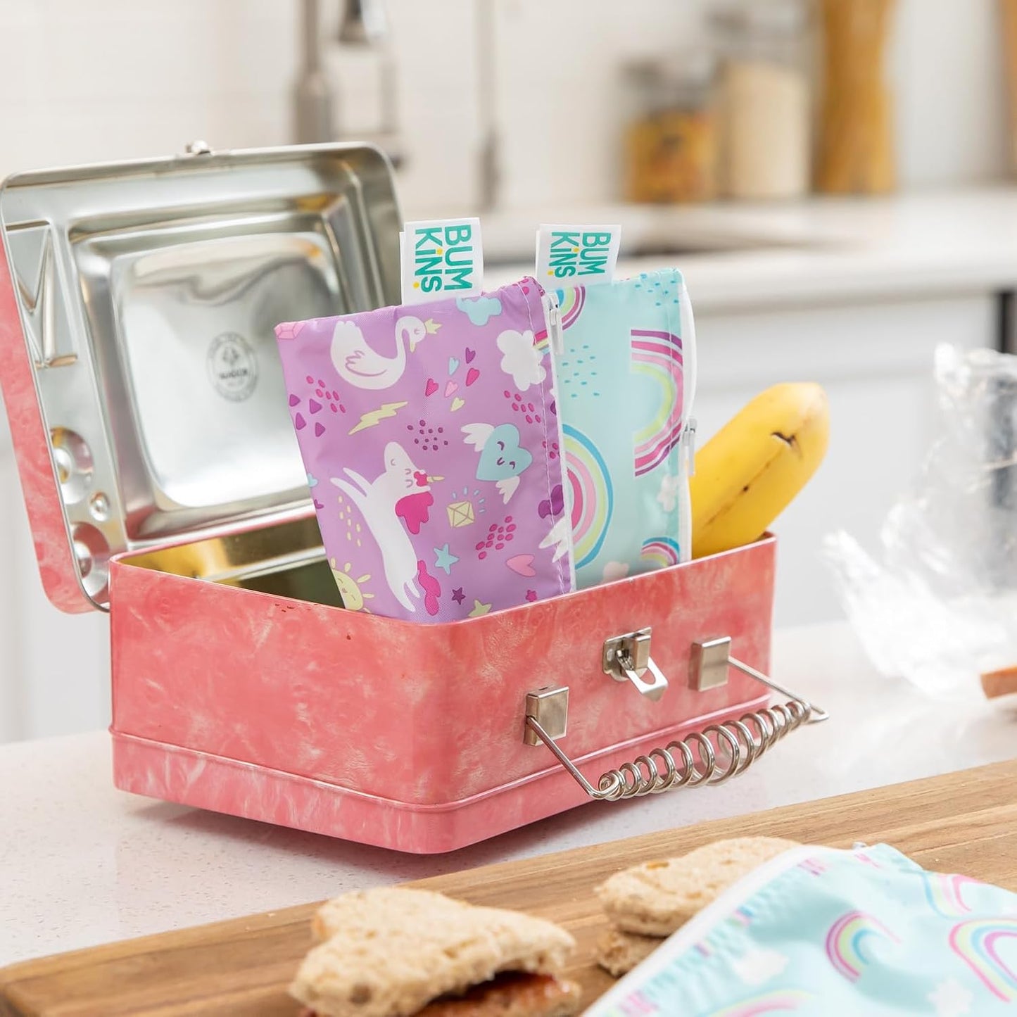 Bumkins - Cloth Snack & Sandwich Bags - For Storage, Travel, Food Prep, Lunch - Reusable, Water Resistant, Washable, Dishwasher Safe - Snack Bags for Kids - Zipper Closure -Unicorns & Rainbows -4 Pack