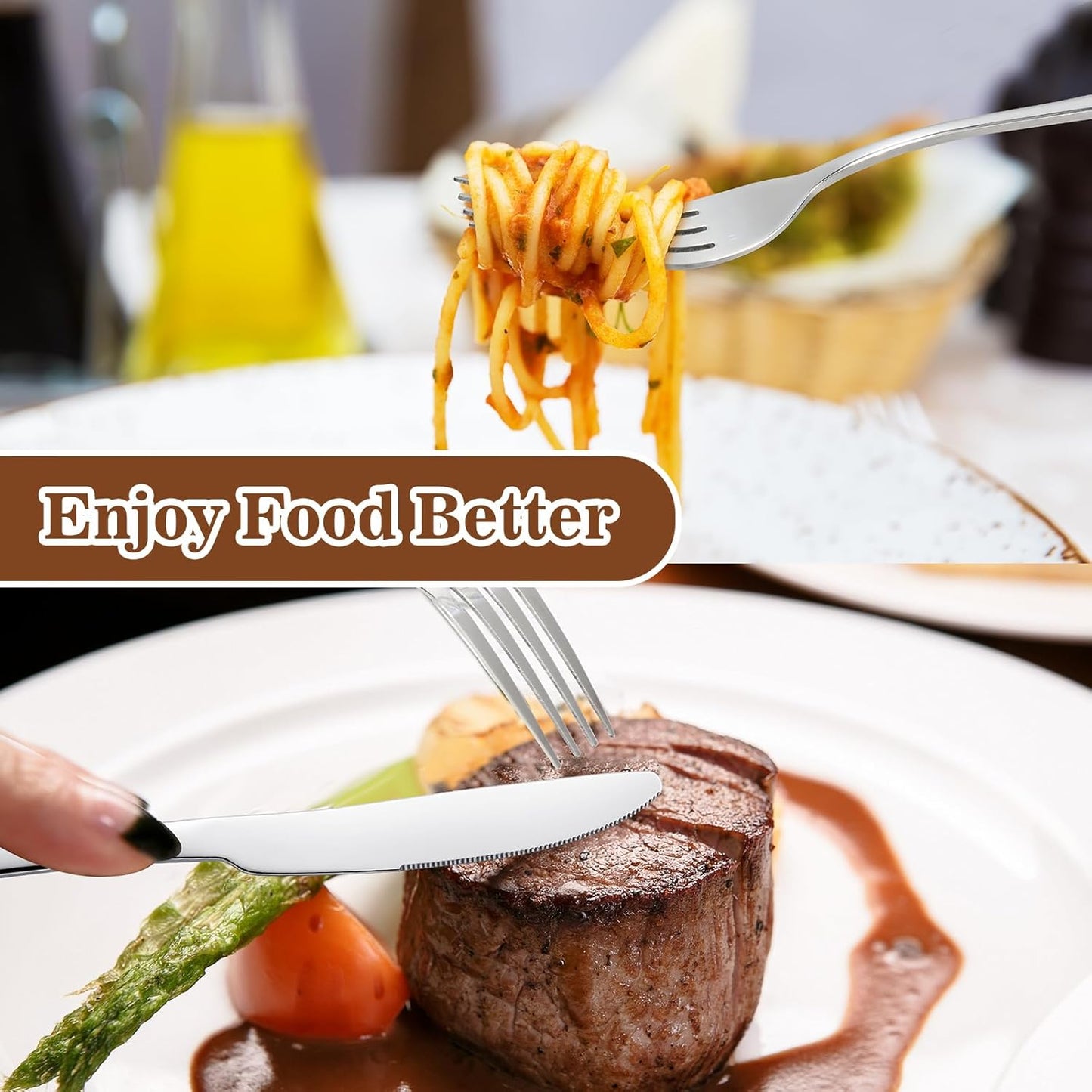 Nuenen 50 Pieces Stainless Steel Forks Silverware Set Dinner Forks and Knives Flatware Tableware Cutlery Set for Kitchen Restaurant(8.07 x 0.94 Inch, 9.06 x 0.79 Inch,Shiny Silver)