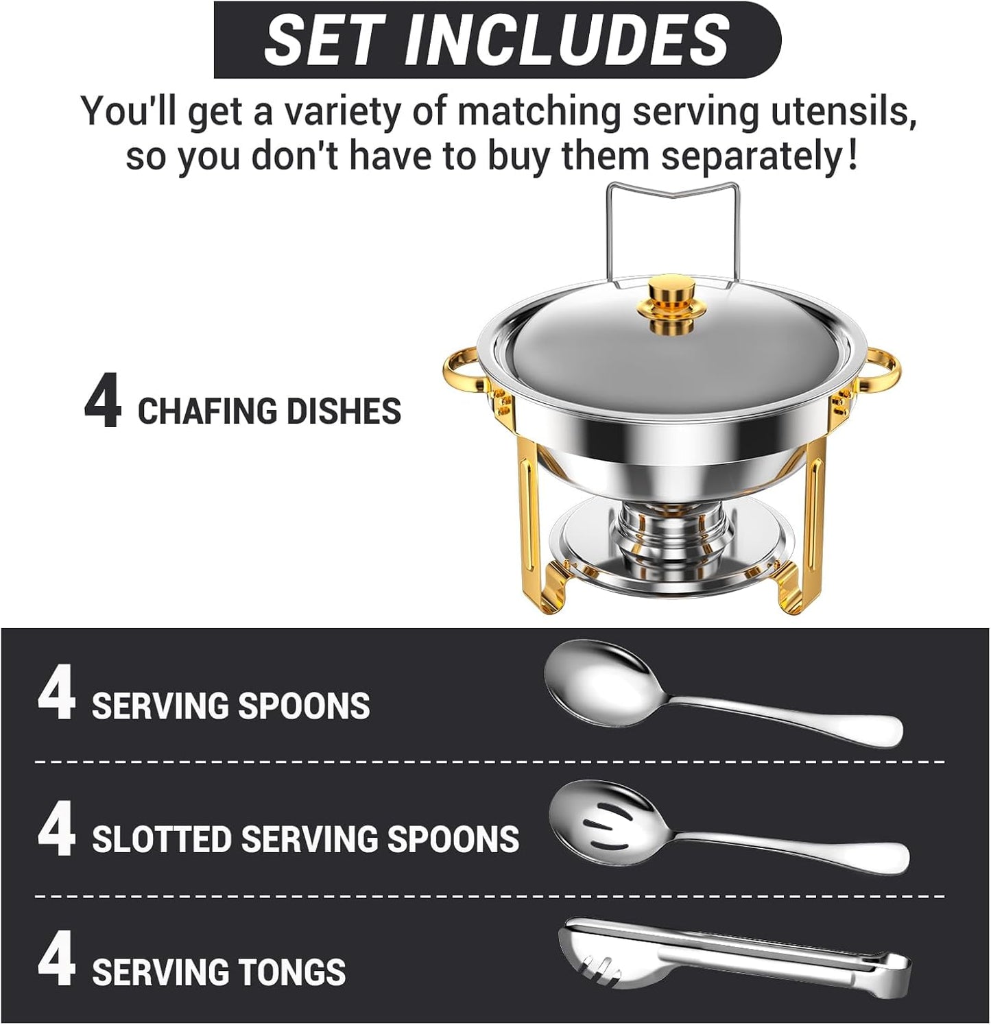 Round Chafing Dishes for Buffet 5 Qt,High Grade Chafing Dish Buffet Set with Stainless Steel Lid & Lid Holder,Full Size Pan,Food Warmers for Parties,Buffet,Wedding, Birthday 4 Pack (Half Gold)