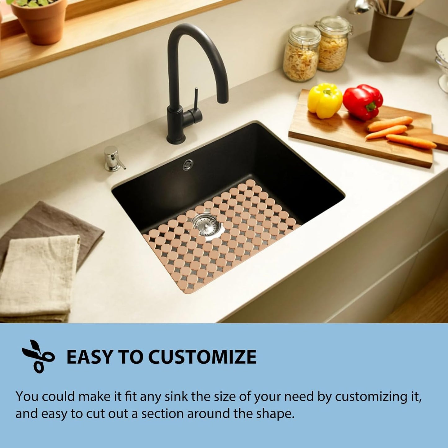 Qulable 2Pack Kitchen Sink Mat for Stainless Steel/Ceramic Sinks, PVC Eco-friendly Protectors for Bottom of Kitchen Sink, Adjustable, Fast Draining, Dots Design, 11.8x15.7 (Wheat)