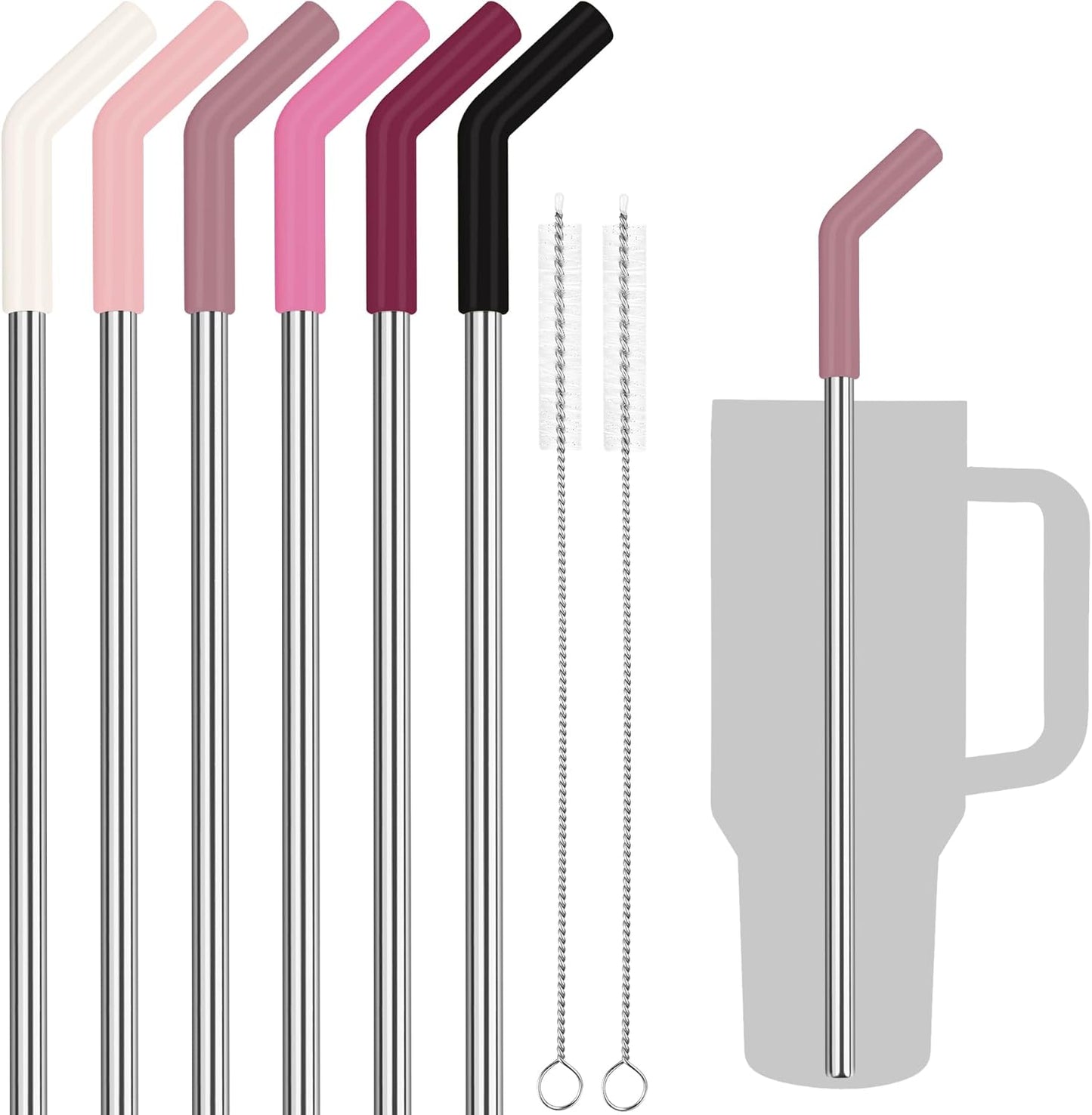 Tomorotec 6PCS Stainless Steel Straws with Silicone Tips for Stanley Tumbler 40oz, 13-Inch Reusable Straw Set with Colorful Extenders & 2 Brushes, Compatible with Wide Mouth Cups (Pink Series)