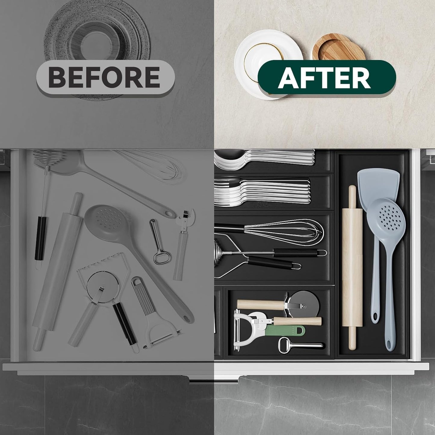 Bamboo Drawer Organizer, Cutlery Silverware Organizer for Kitchen Drawer, Stackable Utensil Organizer, 2 Pcs Flatware Organizer, Wooden Storage Box Tray (Black, 12 X 6 X 2 Inch)