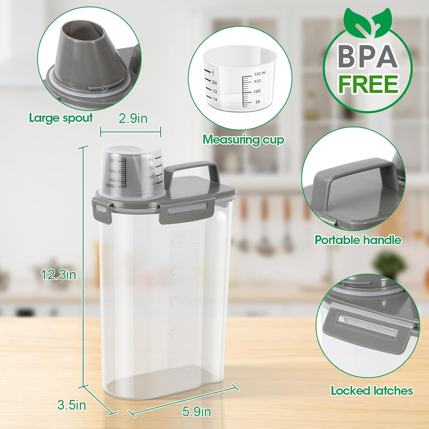 TBMax Rice Container Cereal Storage Container 2 Pack 5 Lbs, Kitchen Pantry Dry Food Storage Holder with Easy-Pouring Spout & Handy Cup, Small Pet Dog Cat Food Dispenser for Daily Feeding -Grey