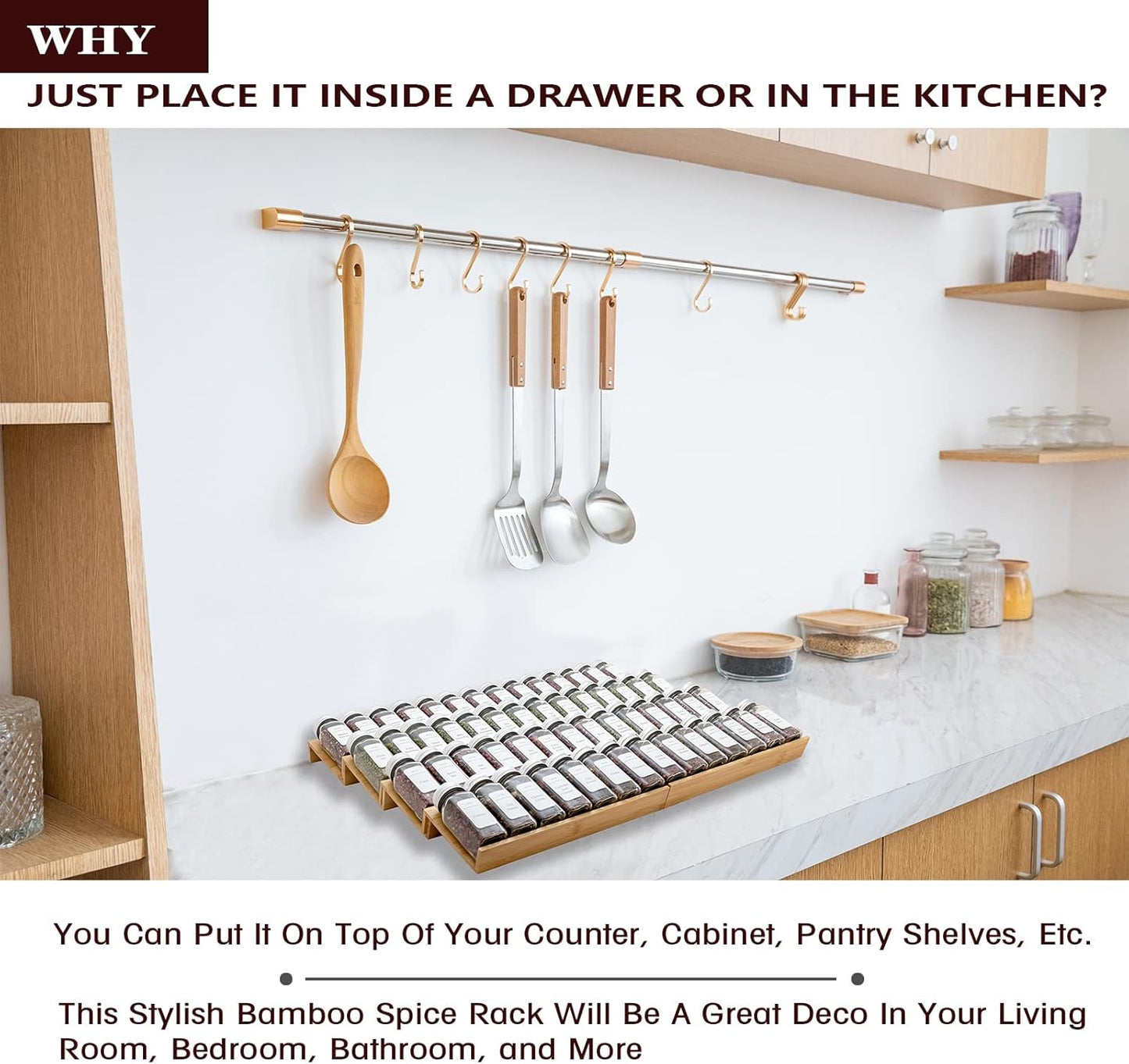 Bamboo Spice Rack Drawer Organizer - 8-Piece Set - 13" Wide Per Piece - Combine Into 26" Wide Rack