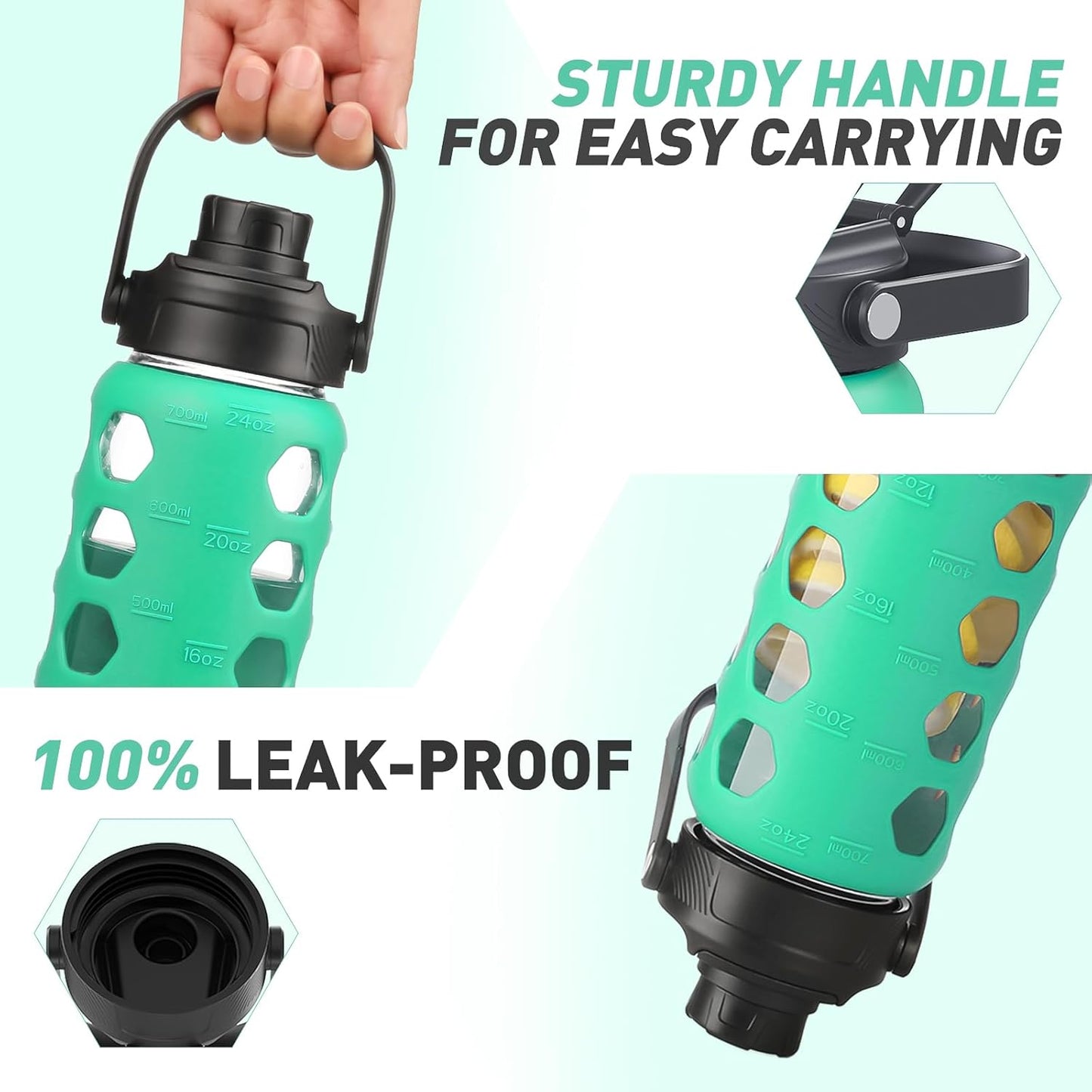 MUKOKO Glass Water Bottles, 24oz Glass Tumbler with Straw, Drinking Bottles with 2 Lids-Handle Spout Lid&Bamboo Straw Lid, Motivational Water Bottle with Time Marker and Silicone Sleeve, 1 Pack-Green