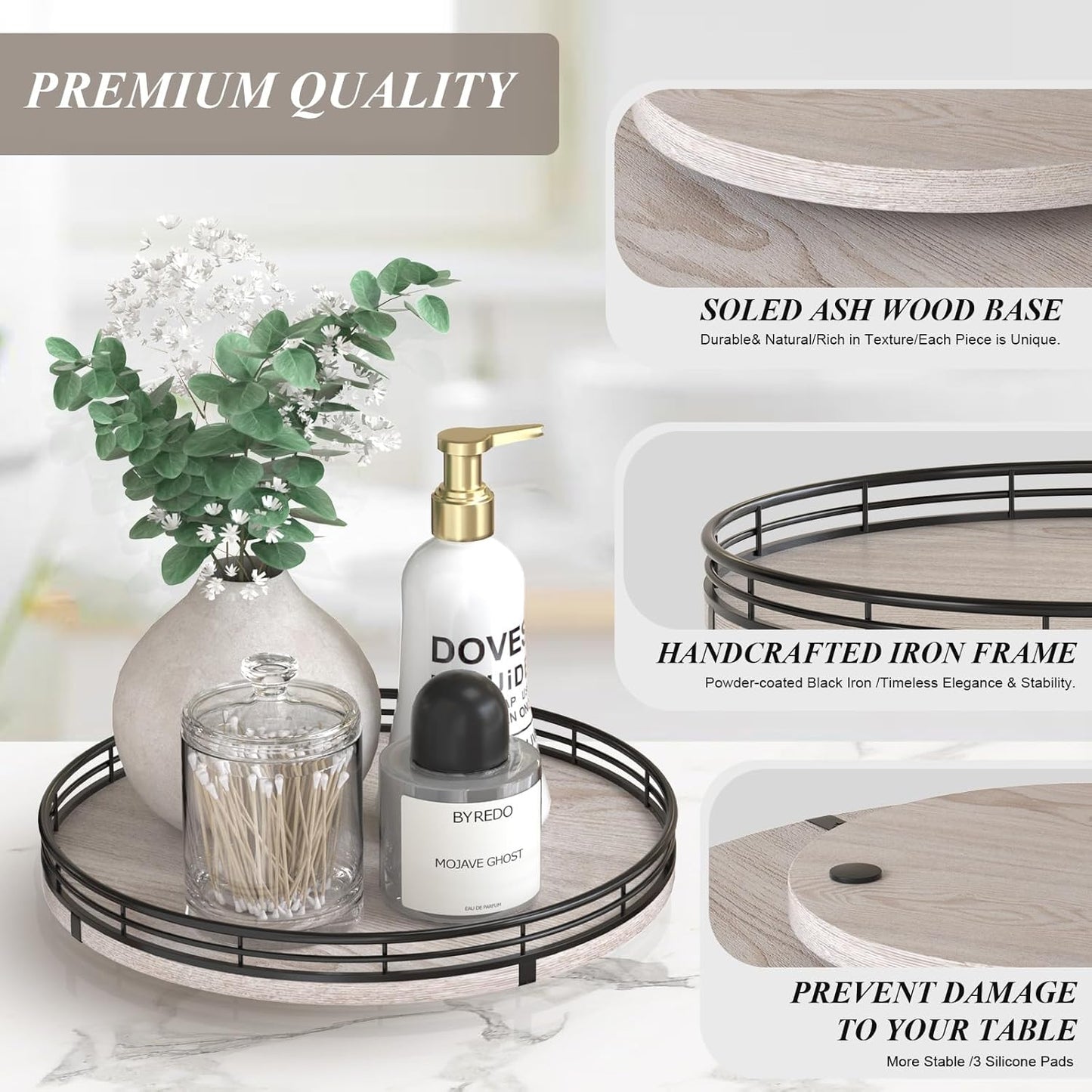 10" Oak Bathroom Vanity Tray Turntable for Perfume Candle, Round Wooden Decorative Tray for Kitchen Sink Countertop Organizer, Bathroom Counter Organizer for Skincare Makeup, Rustic White