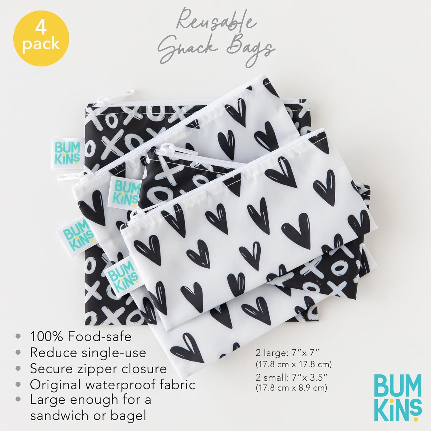 Bumkins - Cloth Snack & Sandwich Bags - For Storage, Travel, Food Prep, Lunch - Reusable, Water Resistant, Washable, Dishwasher Safe - Snack Bags for Kids - Zipper Closure - Black Hearts - 4 Pack