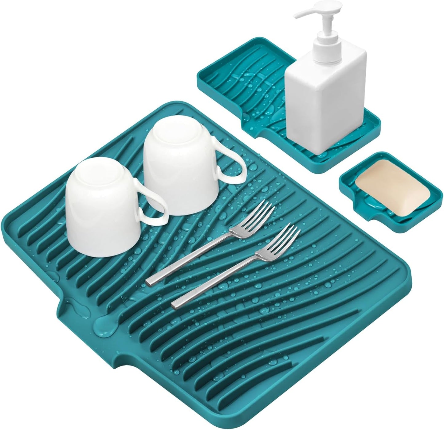 Silicone Dish Drying Mat for Kitchen Counter, Dish Drying Pad, Non-Slip Drain Pad with Built-in Drain, Heat Resistant Stone Drying Mat, 3 pcs (Green)