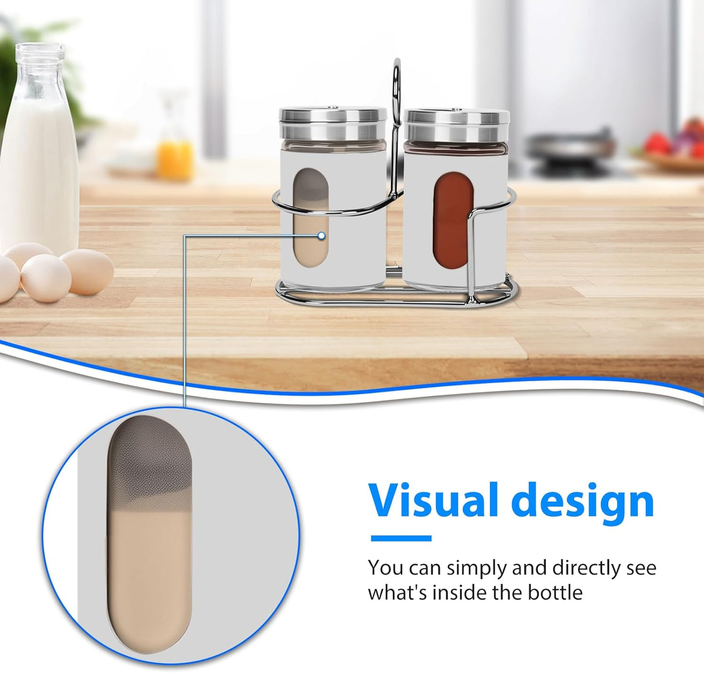 Glass Salt and Pepper Shaker Set with Seasoning Rack, Spice Rack, Adjustable Pour Hole Stainless Steel Lid, 2.8 oz, Spice Dispenser for Salt, Pepper, Spice Preservation (white)