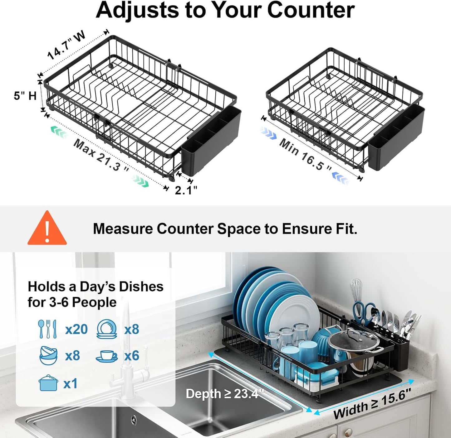 GSlife Large Dish Drying Rack - Full Size Expandable Dish Racks for Kitchen Counter, Rust Resistant Dish Drainer with Absorbent Drying Mat Cutlery Holder, 16.5"-21.3" L x 14.7" W, Black