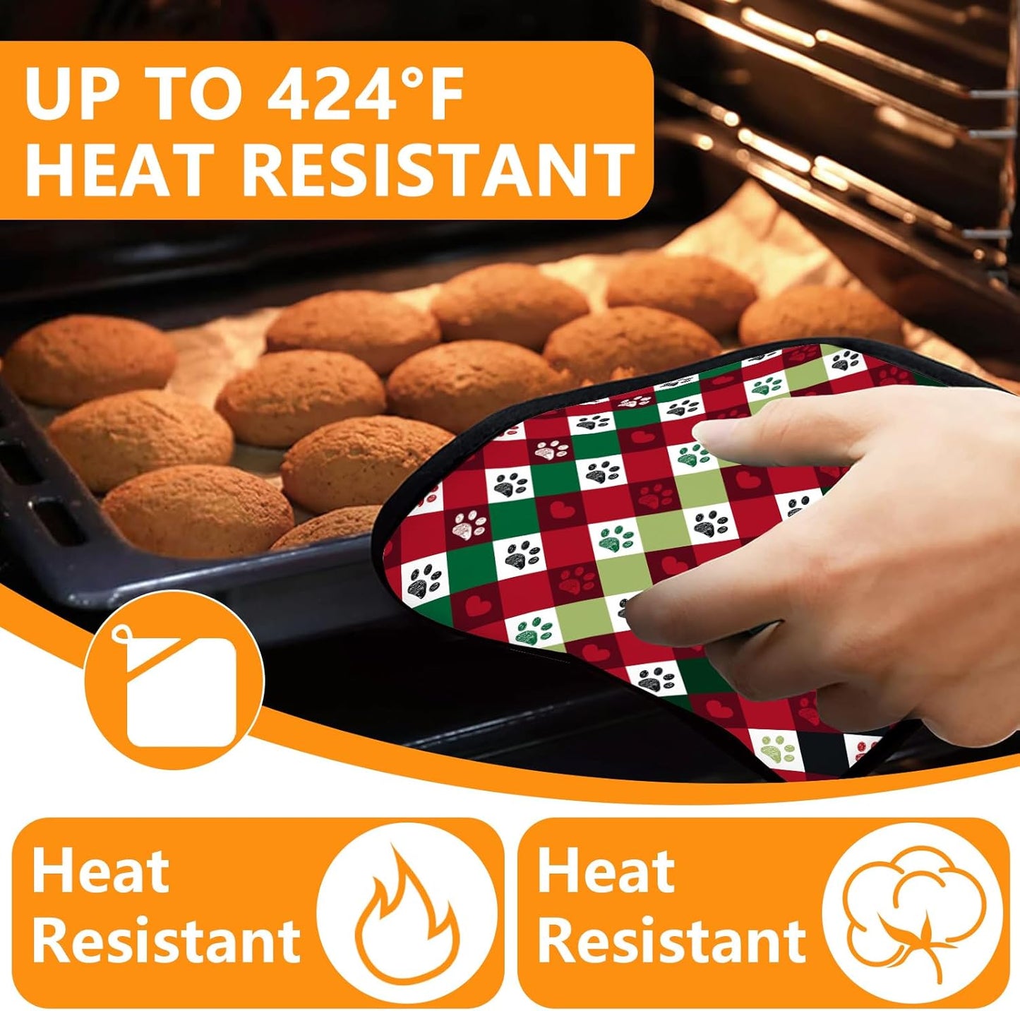 Red Green Dog paw Oven Mitts and Pot Holders Sets 4Pcs,Extra Long Oven Gloves Potholder for Kitchen Cooking Baking BBQ 100% Cotton Heat Resistant