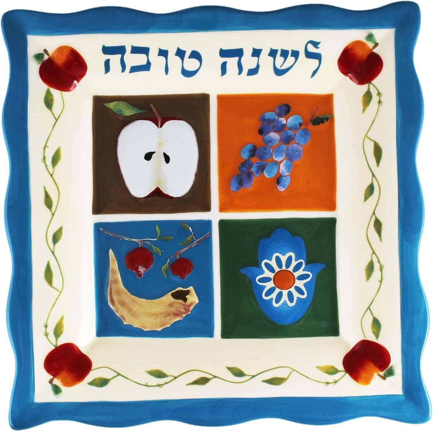 Rosh Hashanah Honey Dish Set Decorative Ceramic Plate Painted Judaic Theme Shana Tovah with Honey Bowl Jar, Wooden Dipper Rosh Hashunah Platter Jewish New Year Gift by Jessica Sporn